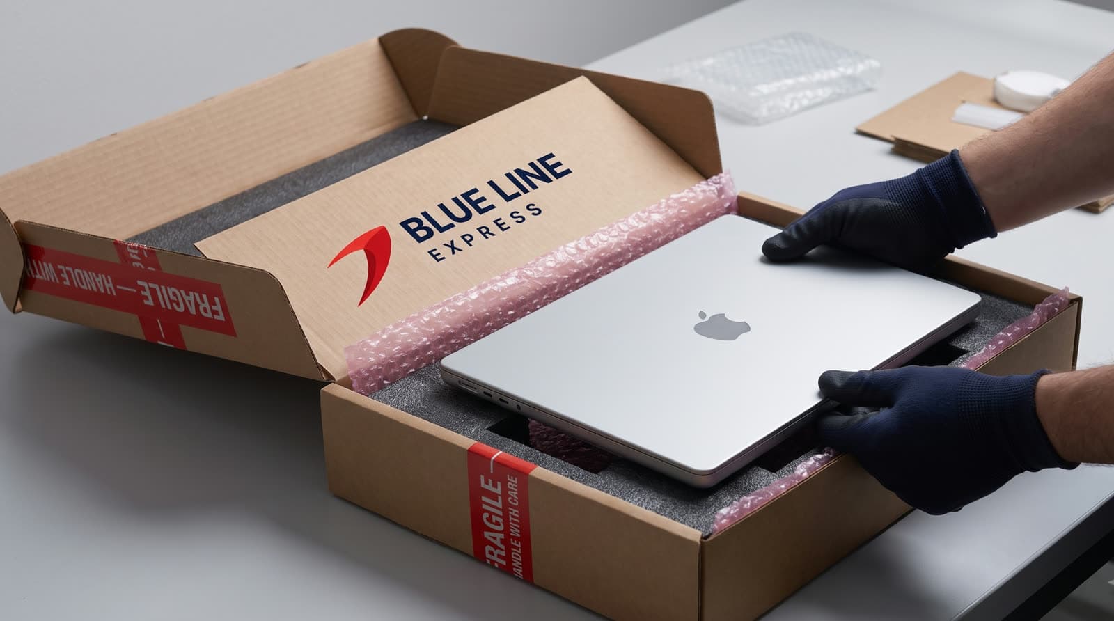 Laptop packed into a Blue Line Express shipping box