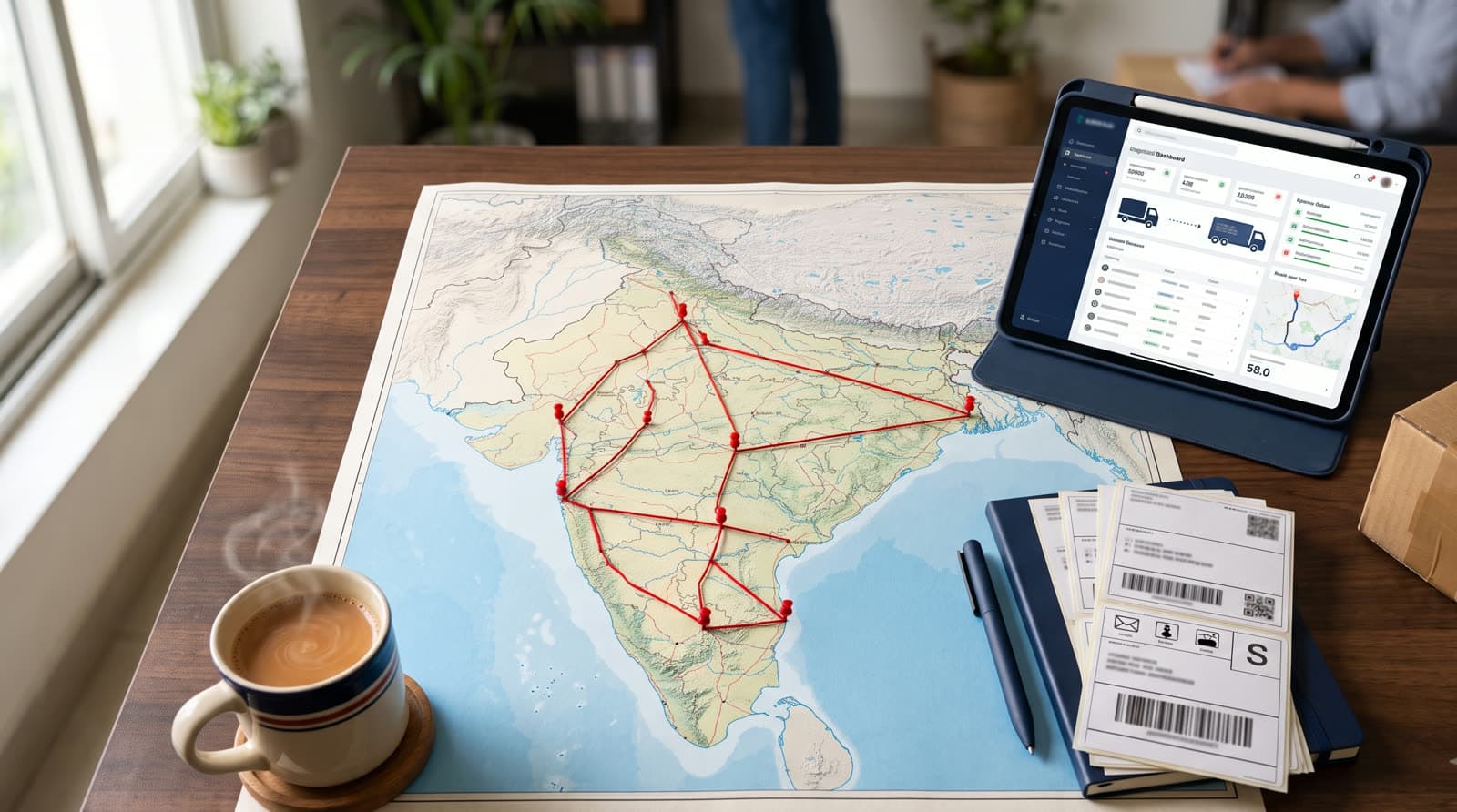 Route planning desk with an India map and shipping labels